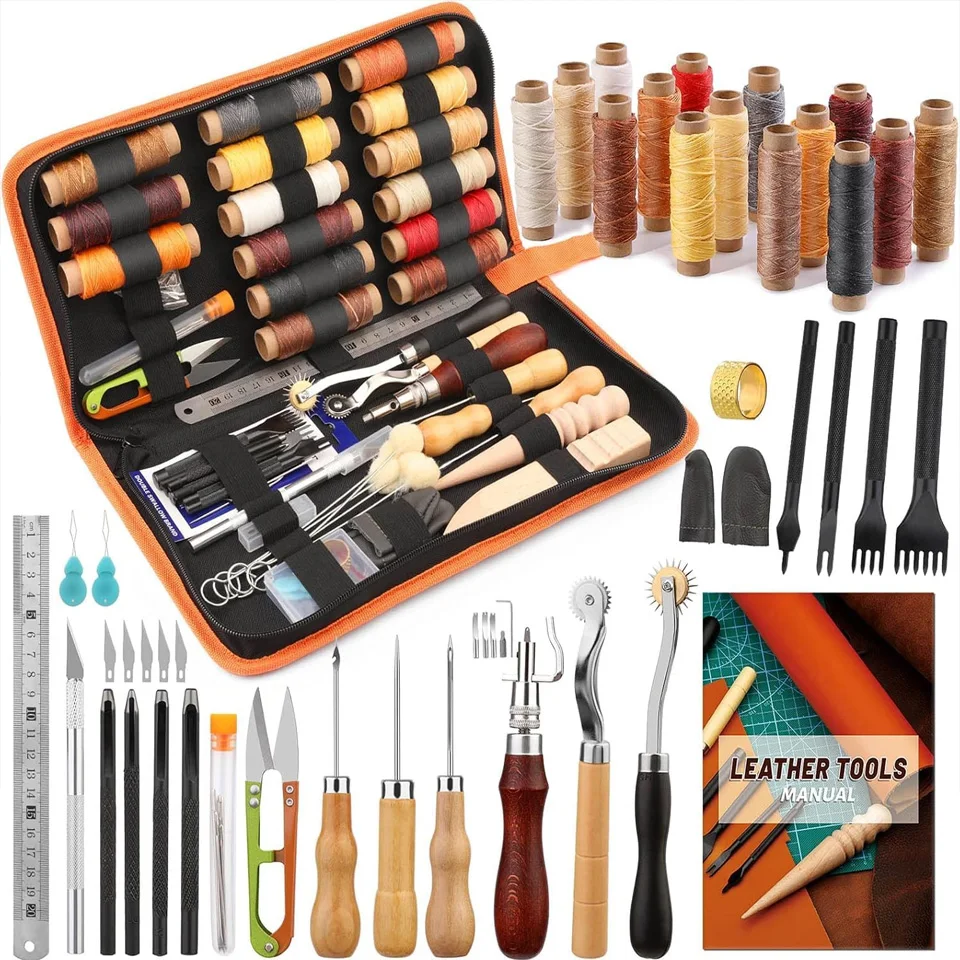 Practical Leather Craft Kit with Waxed Thread Groover Awl Stitching Punch Hole for Leathercraft Beginner