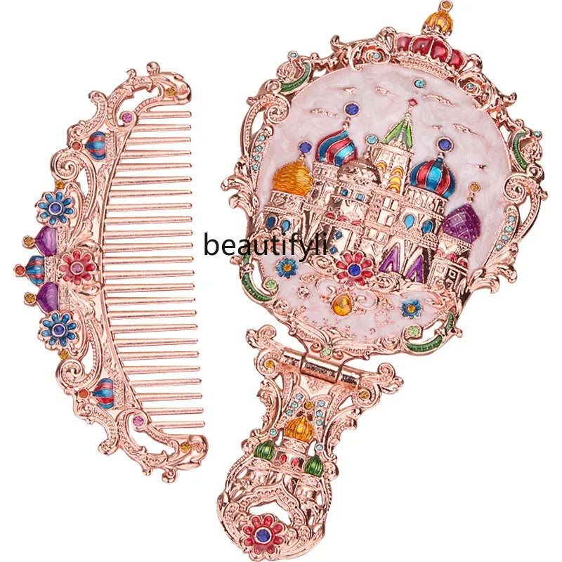 

yj Handle Small Mirror with Comb Set Retro Portable Portable Makeup Mirror Foldable Princess Mirror