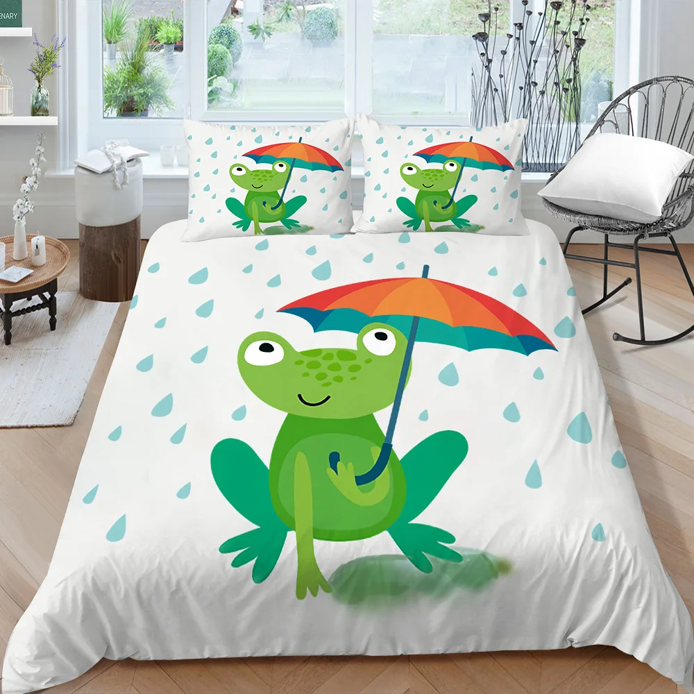 

Cartoon Frog Duvet Cover Reptile Animal Soft King Size Bedding Set Cute Green Frog Comforter Cover with Pillowcase for Kids Boys