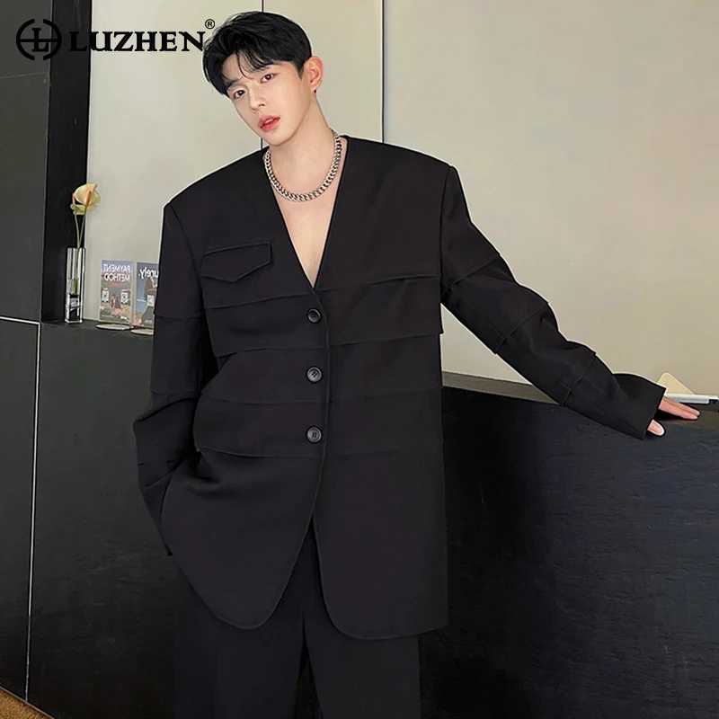 

LUZHEN 2024 Trendy Pleated Splicing Design Blazers Solid Color Original Men's Elegant Handsome Suit Jacket Free Shipping LZ2213