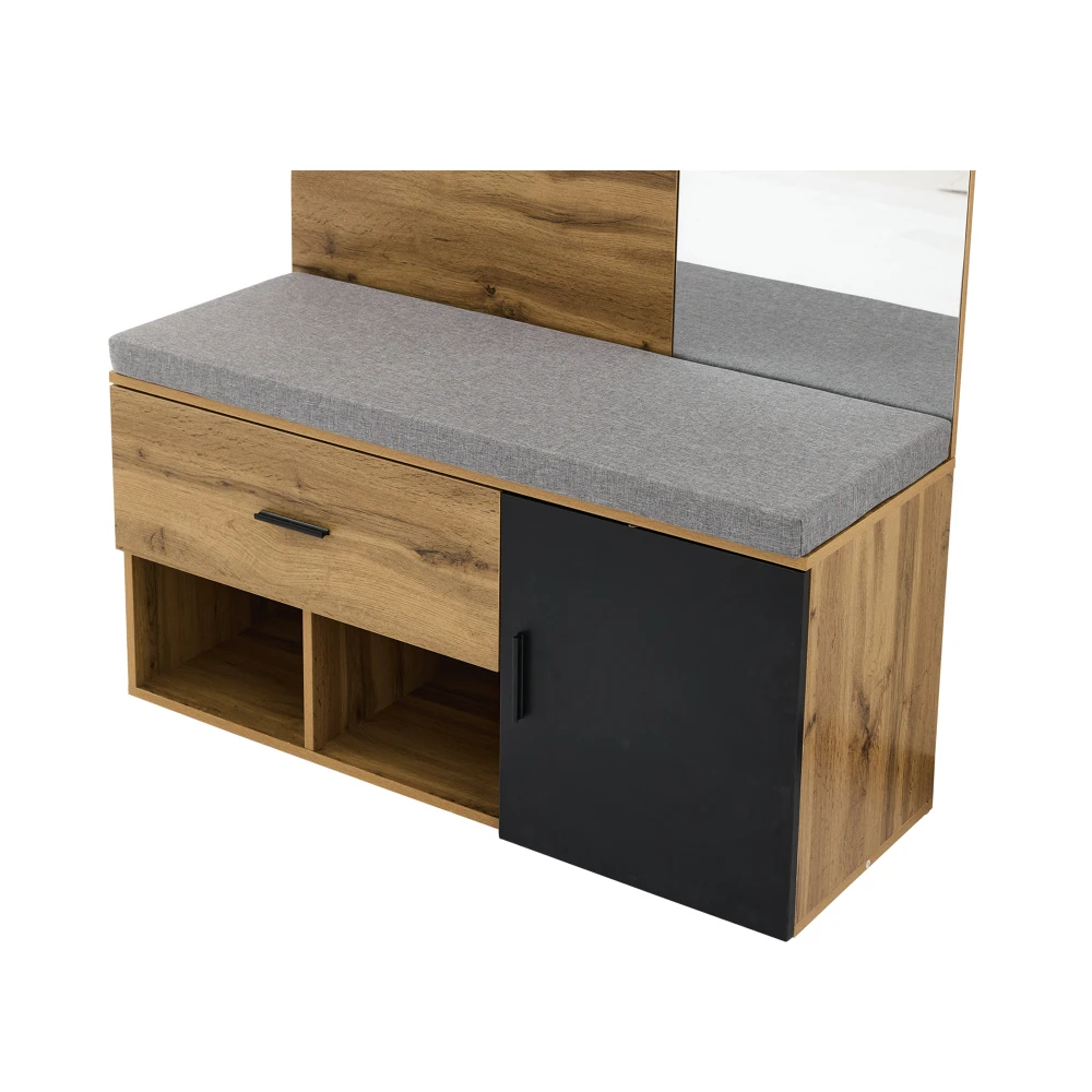 190 cm Hoher Holzkleiderschrank-Set mit Spiegel, Schuhbank (104 x 39 cm) mit Polsterung, Schuhschrank, Schublade, Regal, Kleiderhaken – Detail 16