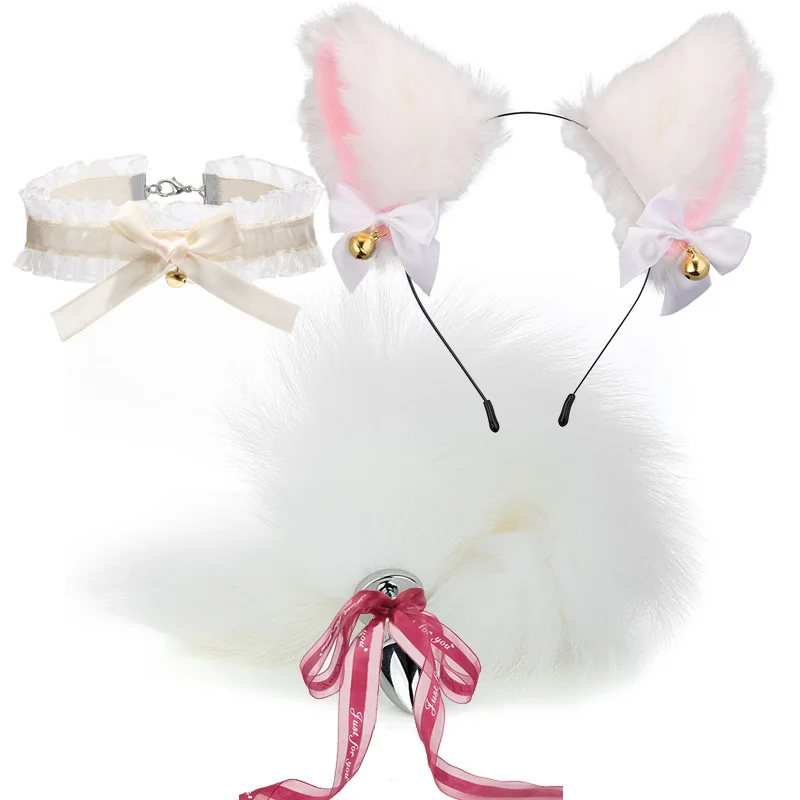 Simpatici 3 colori coda di volpe plug anale orecchie di gatto fasce per capelli set giochi per adulti capezzoli clip collo colla_voghion.com