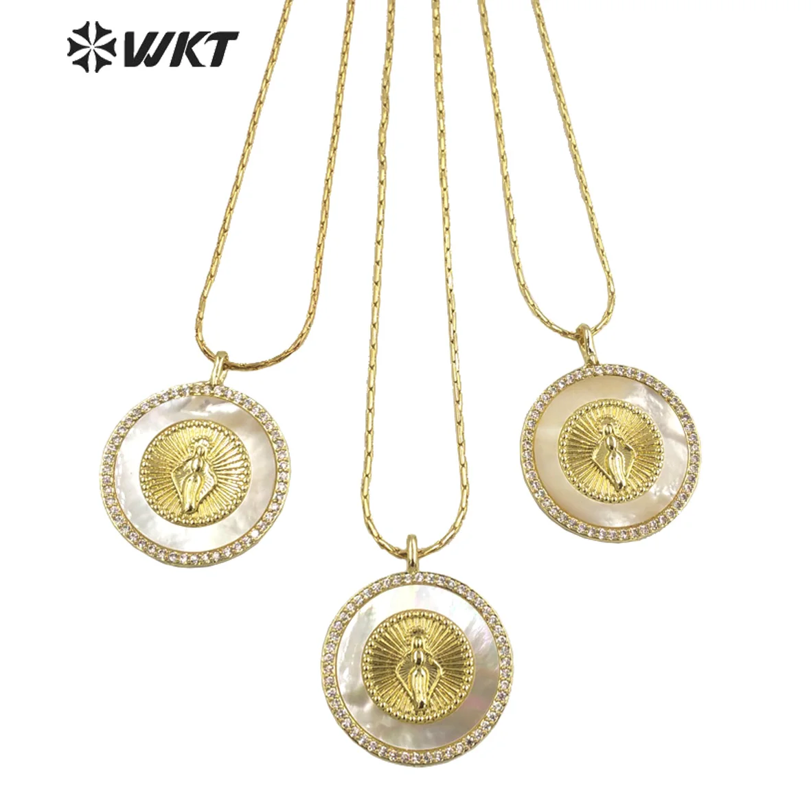 

WT-MN982 WKT 2023 Religious Style Natural Shell & Zircon New Chain Design Jewelry SALE Virgin Mary Chain Necklace Party