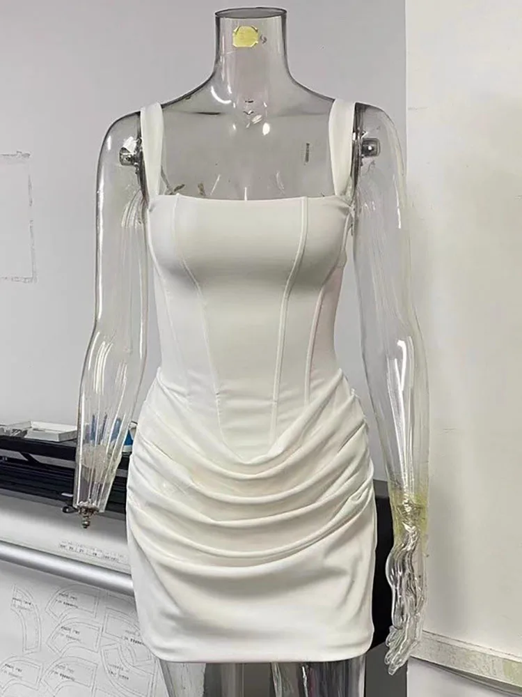 Mozision Backless Ruched Sexy Mini Dress Women Elegant Tapered Straps Square Collar Sleeveless High Waist Club Party Dress 6