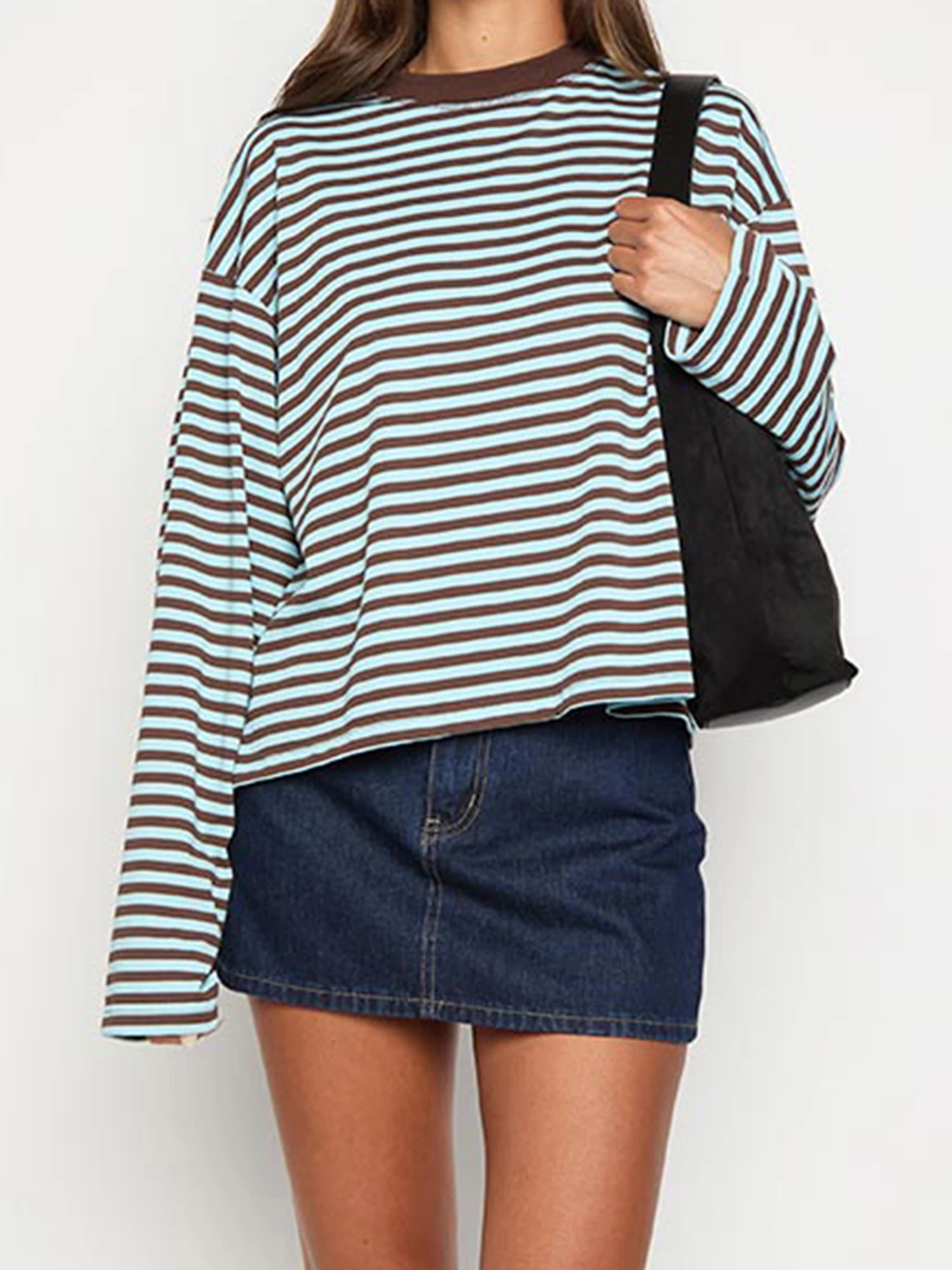 Women s Striped T-shirt Stylish Long Sleeve Crew Neck Loose Fit Top for Fall Casual Streetwear for Ladies