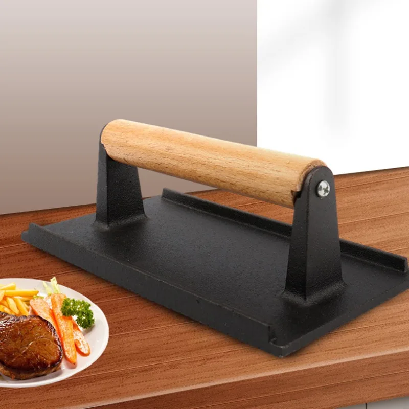 1pc Cast Iron Grill Press Rectangle Cast Wood Handle Meat Steak Bacon Squid Grill Fried Sandwich BBQ Pressure Plate Cooking Tool
