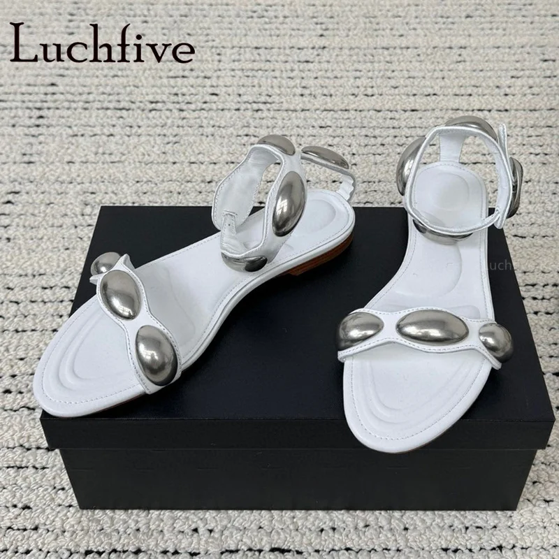 

2024 Sexy Leather High Heels Sandals Peep Toe Buckle Strap Metal Decorate Flats Shoes Brand Elegant Dress Summer Shoes Mujer