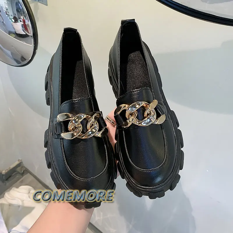 Women Mary Janes Platform Shoes Round Foot Spring Metal Chain Designer Casual Leather PU Oxfords Slip on Loafers