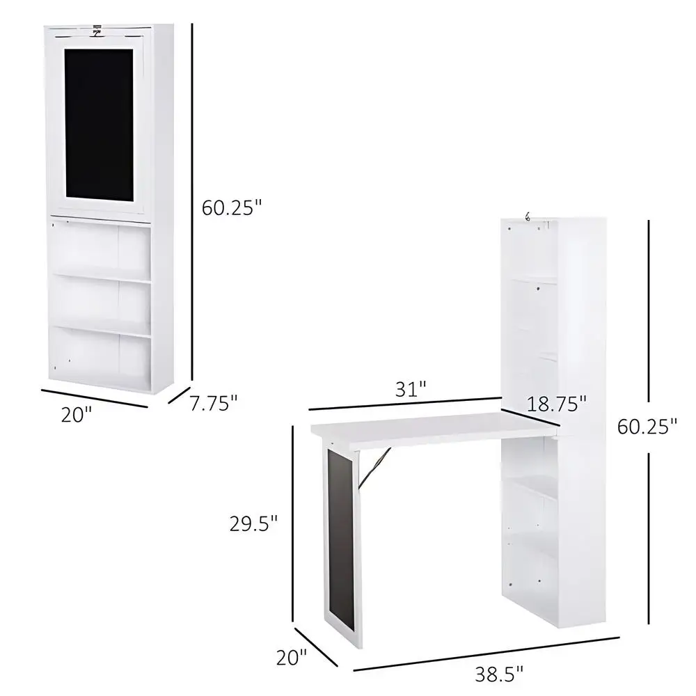 Wall Mount Desk Cabinet with Open Storage Shelf, 2-in-1 Foldable Computer desk dining table with writing blackboard, White