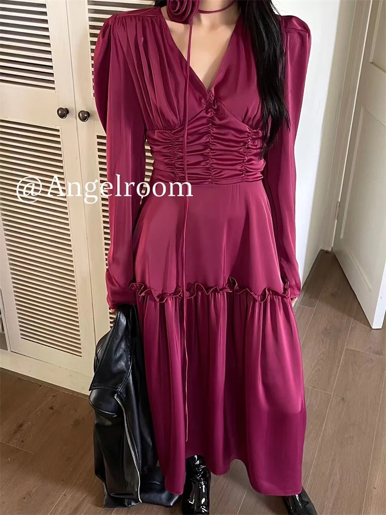 Autumn Satin Midi Dresses for Women Long Sleeve V-neck Folds Design A-line Korean Fashion Office Lady One Piece Vestidos New