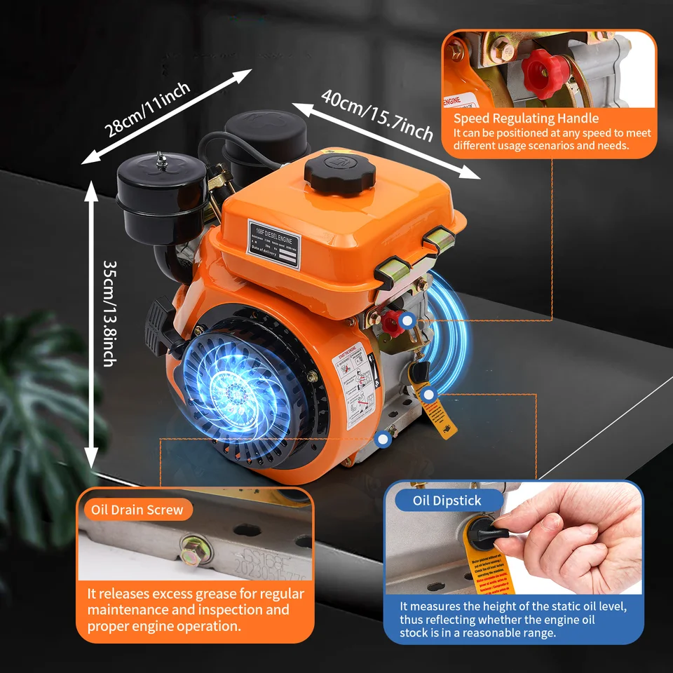 4-Stroke Single Cylinder Air-Cooled Diesel Engine - 2.2KW, Recoil Start, For Small Machinery