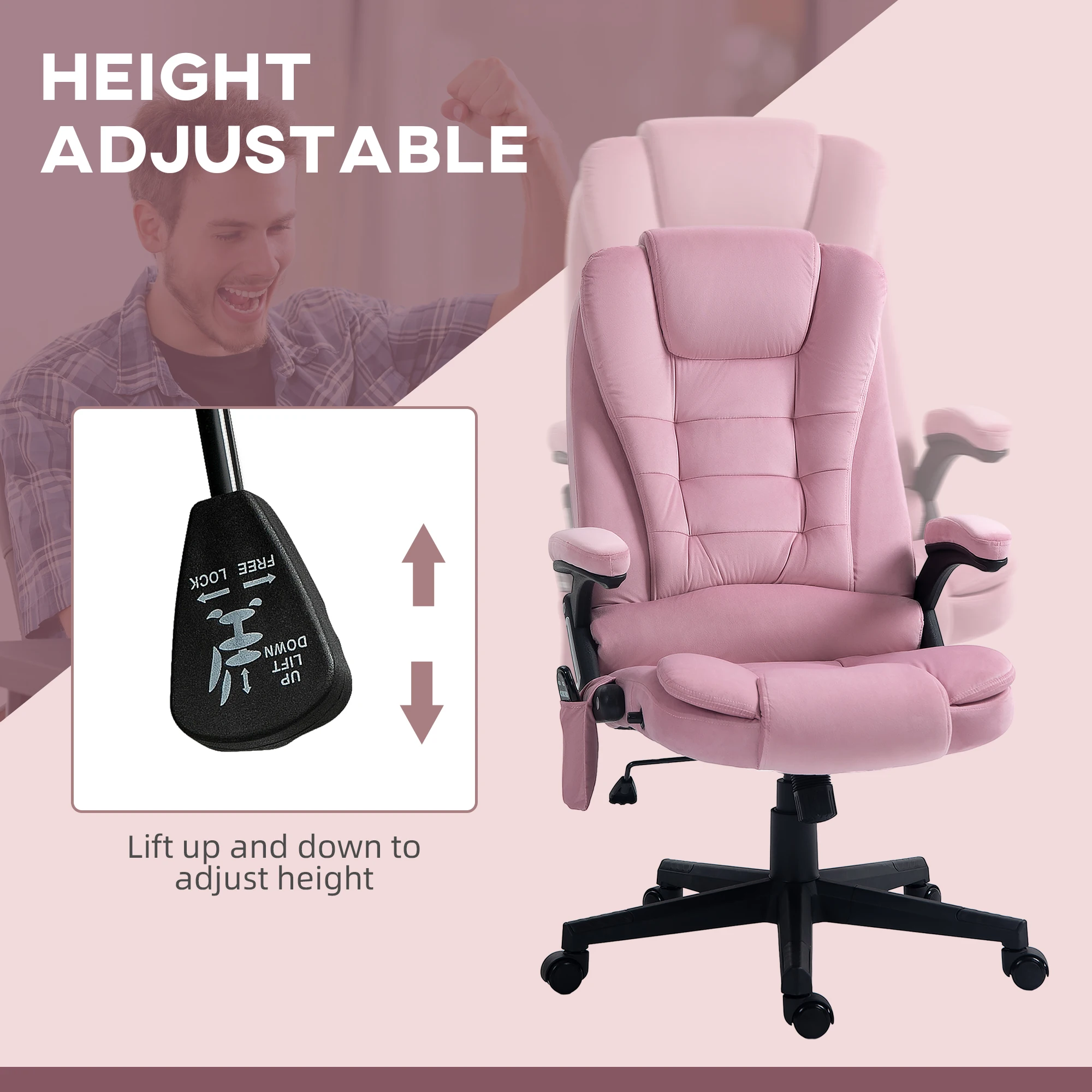 Homcom 6 Point Vibrating Massage Office Chair with Heat with Reclining Backrest, Padded Armrests and Remote, Pink 4