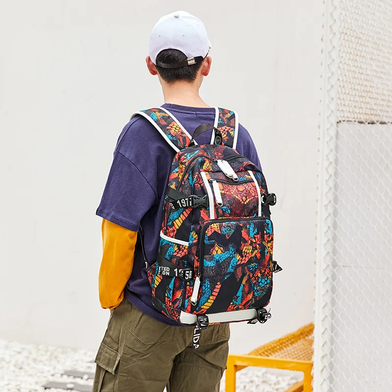 Large Geometric-Print School Backpack for Teen Boys Laptop Bookbag with USB Charging Port Kids Back Pack for Middle School Bags