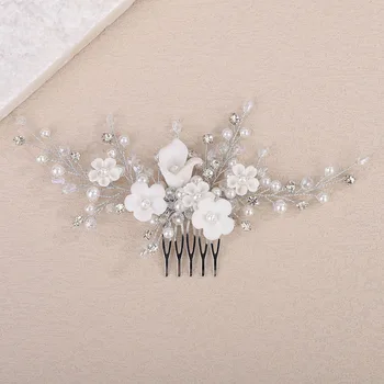 Silver Flower Bride Hair Comb for Women Wedding Hair Accessories Pearl Rhinestone Bridal Side Hair Comb Crystal Party Headpiece