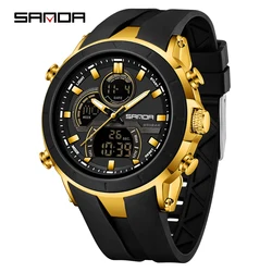 SANDA Sports Digital Quartz Watch for Men - Dual Display, Large Dial, Waterproof, Luminous Calendar (Black Gold)