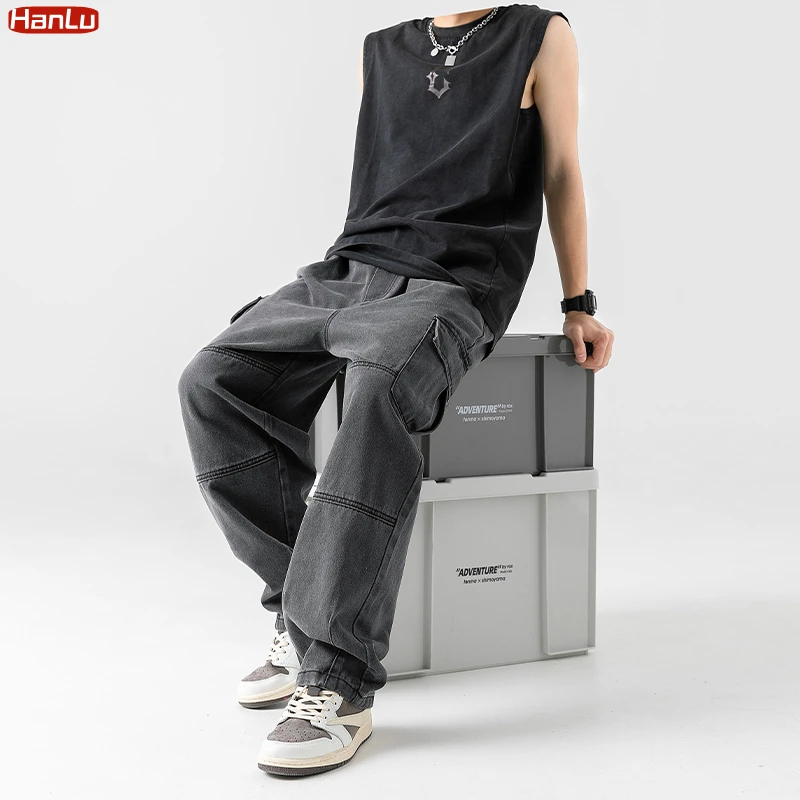 HanLu 2023 Men Jean Pants Japanese Retro Washed Straight Wide-Leg Jeans Loose Big Pocket  Hip Hop Street Denim Pants Male