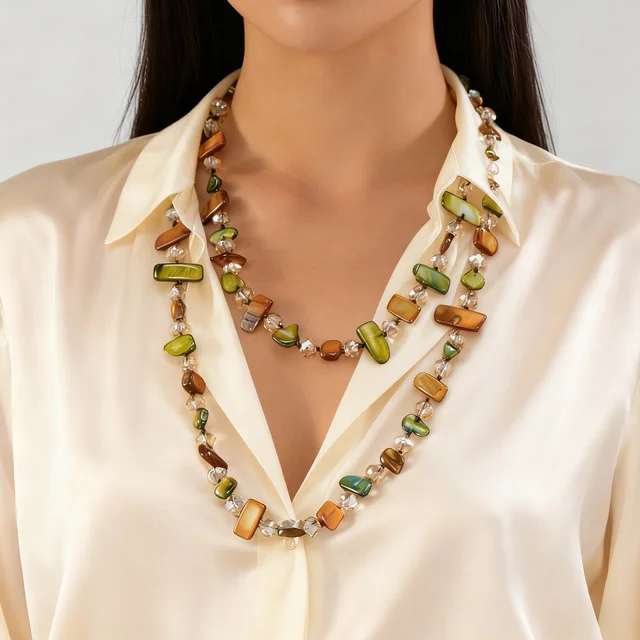Collier bohème Vintage en pierre naturelle irrégulière pour femmes, perles de cristal faites à la main, Double couche, longue chaîne de pull, bijoux cadeau