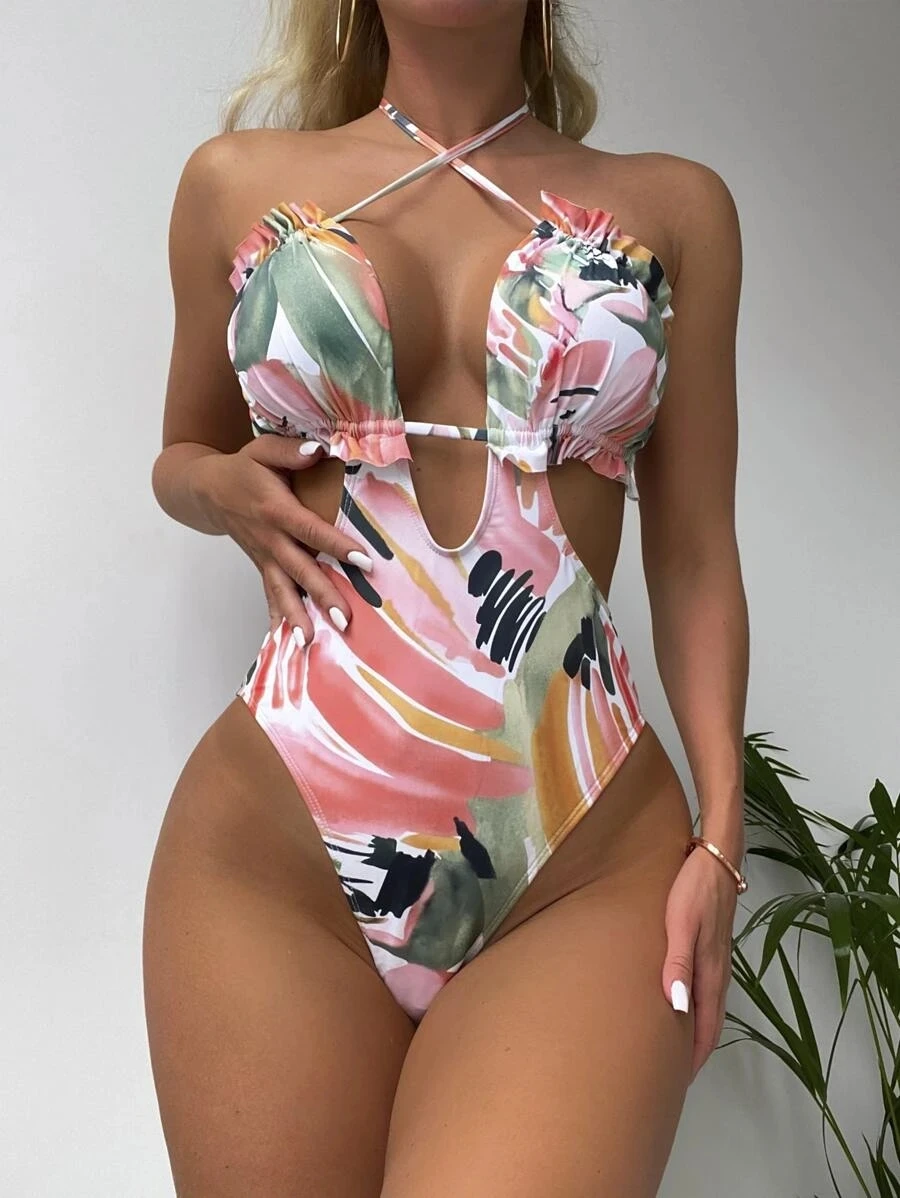 

Random Brush Print Frill Trim Cross Halter One Piece Swimsuit Deep V Neck Women Swimwear 2022 Sexy To Beach