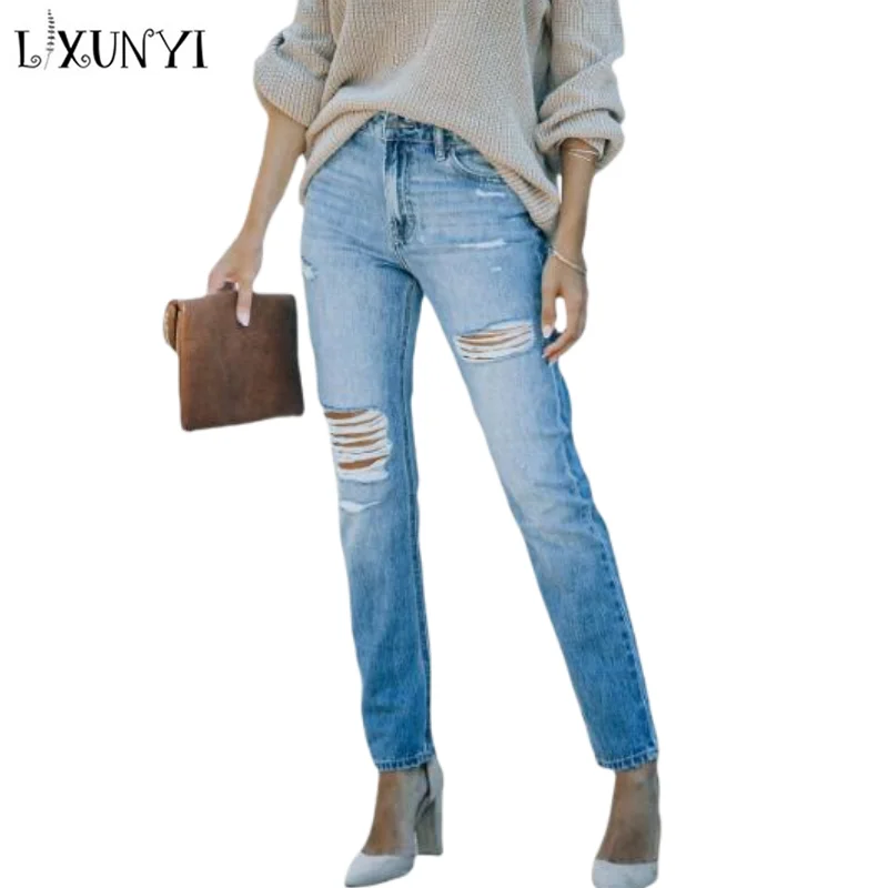 

LXUNYI Light Blue Jeans Pants Woman 2023 Spring Summer New Fashion Washed Hole Jeans Women High Waist Skinny Pencil Pants Denim