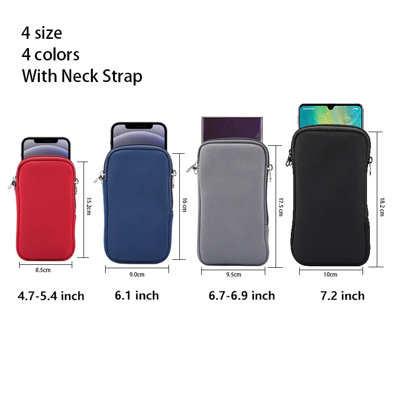 Universal Neoprene Zipper 4.7-7.2inch Mobile Phone Bag iPhone Samsung Xiaomi Huawei Shockproof Cellphone Storage Bag