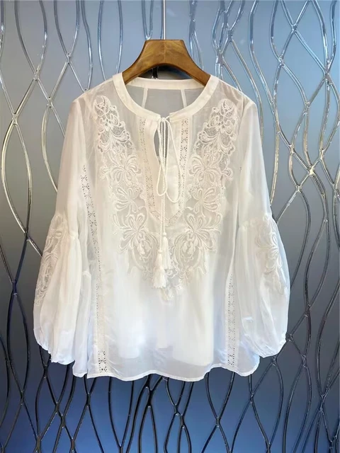 Camisa de renda com lanterna Vintage feminina, blusas soltas casuais, blusa  elegante bordada, veja através do topo de dama, 28379 - AliExpress