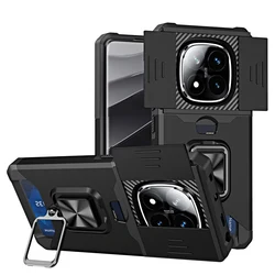 Magnetic Ring Armor Cover with Slide Lens Protection and Card Holder Slot for Redmi 14C 4G (QWCK-Black)