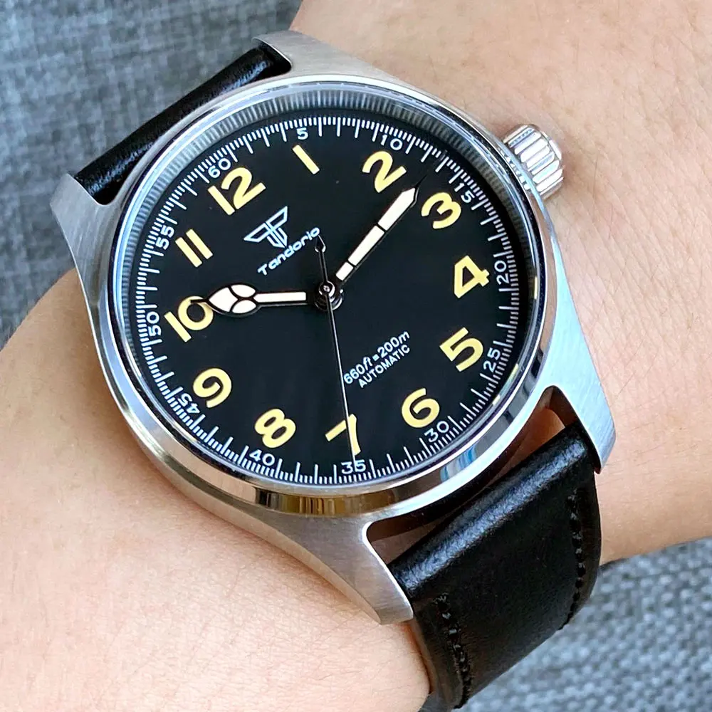 Tandorio 39mm Black Dial Sapphire Glass 20ATM Diving Japan NH35A PT5000 Automatic Pilot Brushed Men Watch Leather Strap
