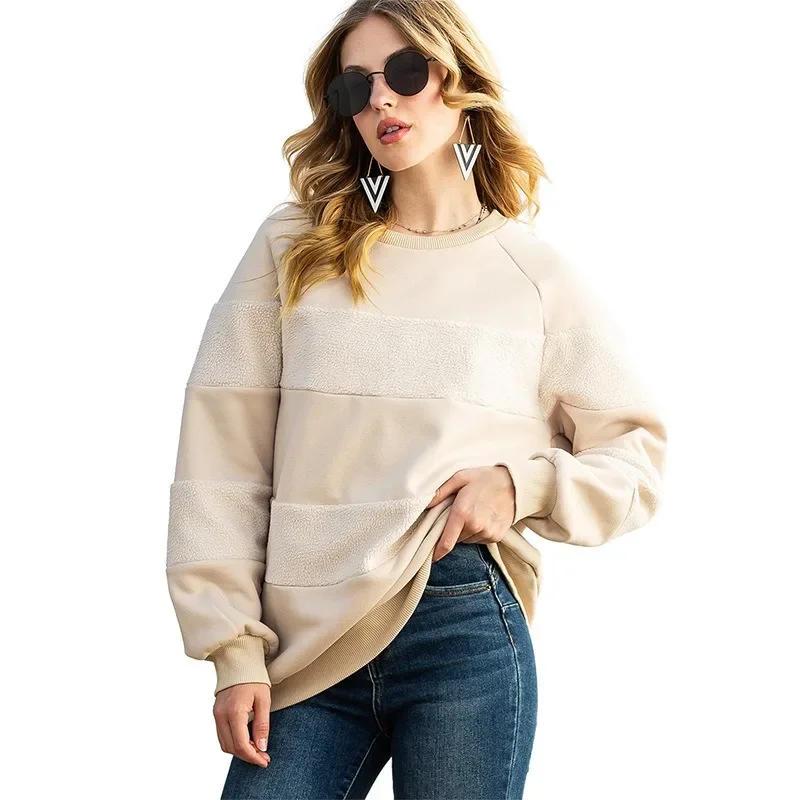 2024 New Women's Patchwork Striped Pullovers O Neck Fashion Sweatshirts Loose Casual Long Sleeve Tops Oversize Sweater NASY0023