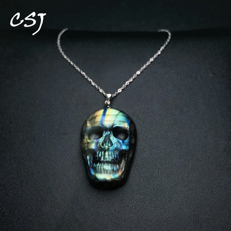 

CSJ Natural Labradorite Skull Pendant Sterling 925 Silver Moonstone Sunstone Necklace for Man Women Party Birthday Jewelry Gift
