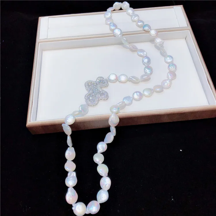 Hand knotted natural 11-12mm white button shaped pearl micro inlay zircon necklace fashion jewelry