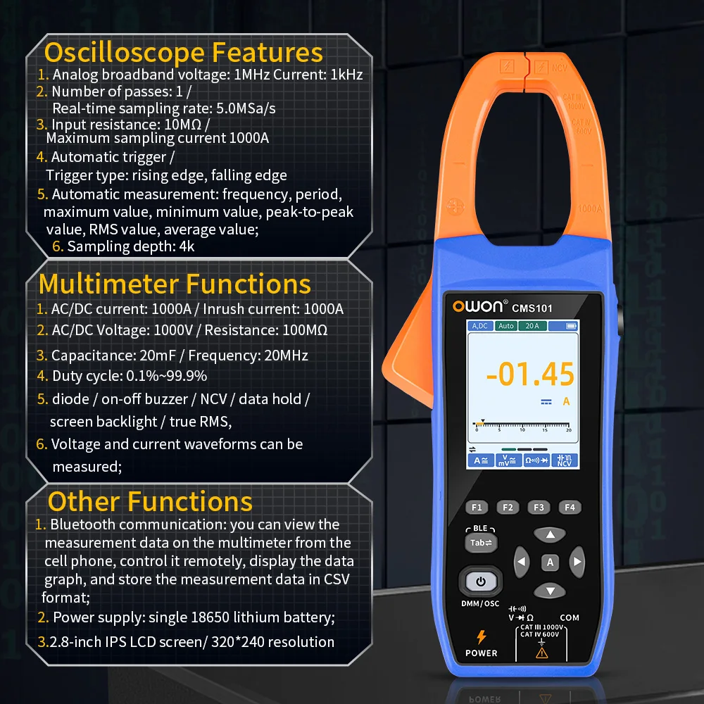 Owon CMS101 3 in 1 1000A AC/DC Clamp Meter Oscilloscope Bluetooth Recorder Function 18650 Lithium Battery NCV Digital Multimet