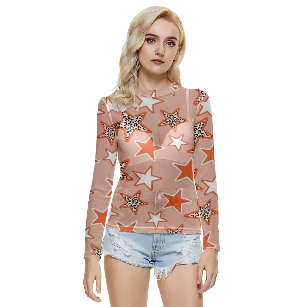

Women Fashion Sexy Net Gauze Perspective Long-sleeved Star Printing O-neck T-shirt Summer Casual Long sleeved