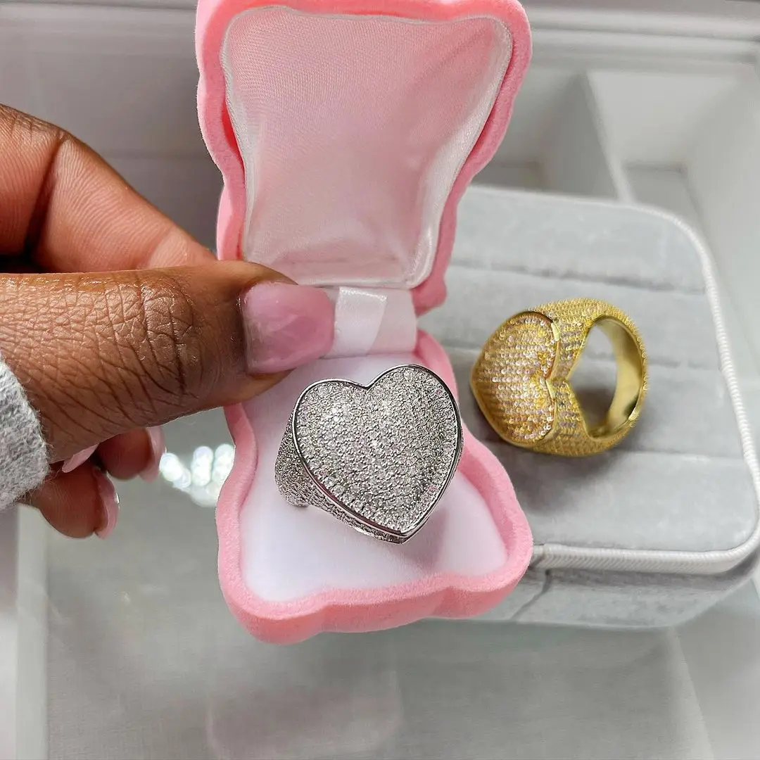 Micro Pave CZ Full Finger Ring For Women Big Heart Shaped Valentine's Gift Ice Out Bling Cocktail Rings wedding rings,finger rings,fashion rings,engagement rings,zircon rings,crystal rings,stainless steel rings,gold rings