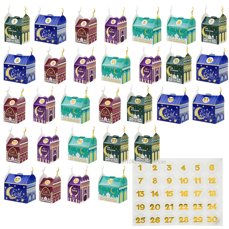 30pcs Ramadan Countdown Candy Box Eid Mubarak Advent Calendar Gift Boxes Ramadan 30 Days Number paper Box Islamic Muslim Party
