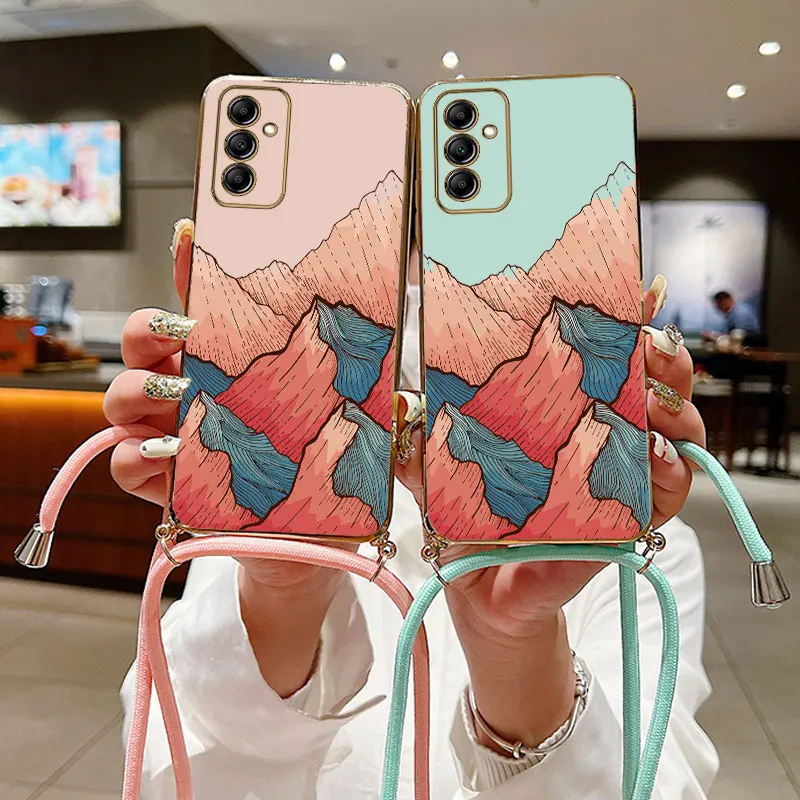 

Mountain Of Flames Lanyard Plating Phone Case For Samsung Galaxy A14 A12 A13 A22 A30S A25 A21S A42 A54 A52 A53 A34 A33 A32 Cover