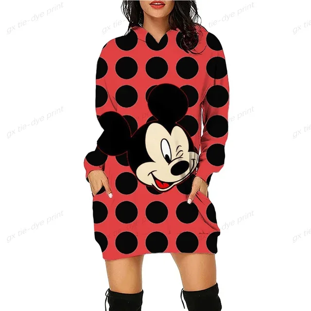 thumbnail image 1 of Sudadera con capucha pop coreana para mujer, estilo bohemio, con bolsillos grandes, informal, larga, a la moda, con estampado de Mickey Mouse de Disney, 1 of 5