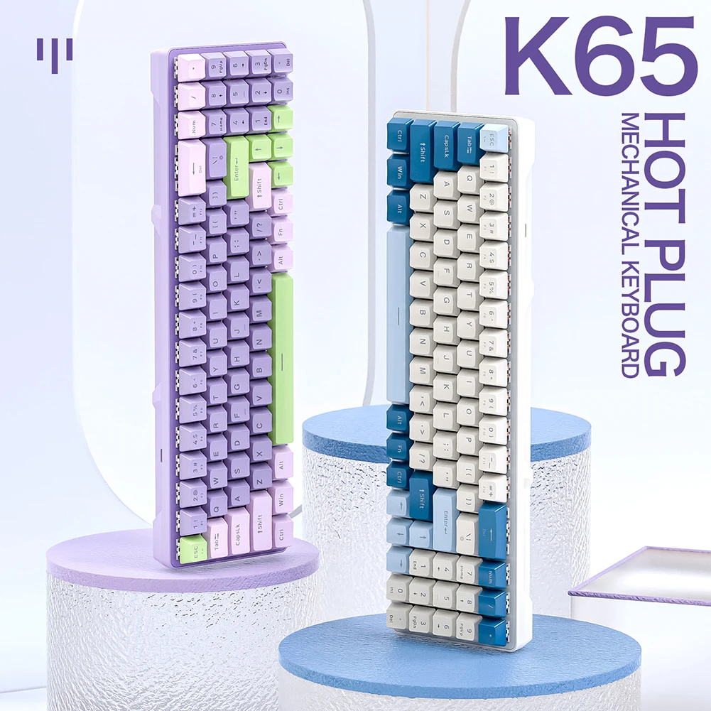 노트북 데스크탑 PC 게이머용 기계식 게이밍 키보드, 핫 스왑 가능 RGB 백라이트 키보드, USB 유선, 블루, 레드 스위치, K65