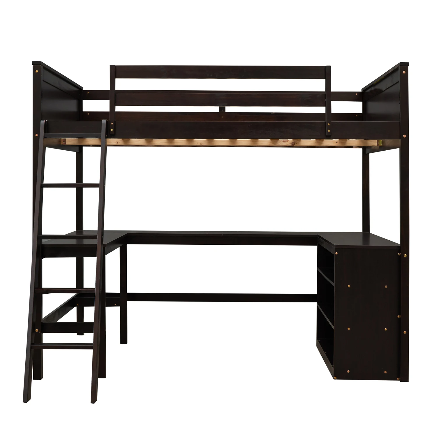 Full size Loft Bed with Shelves and Desk, Wooden Loft Bed with Desk - Espresso 3