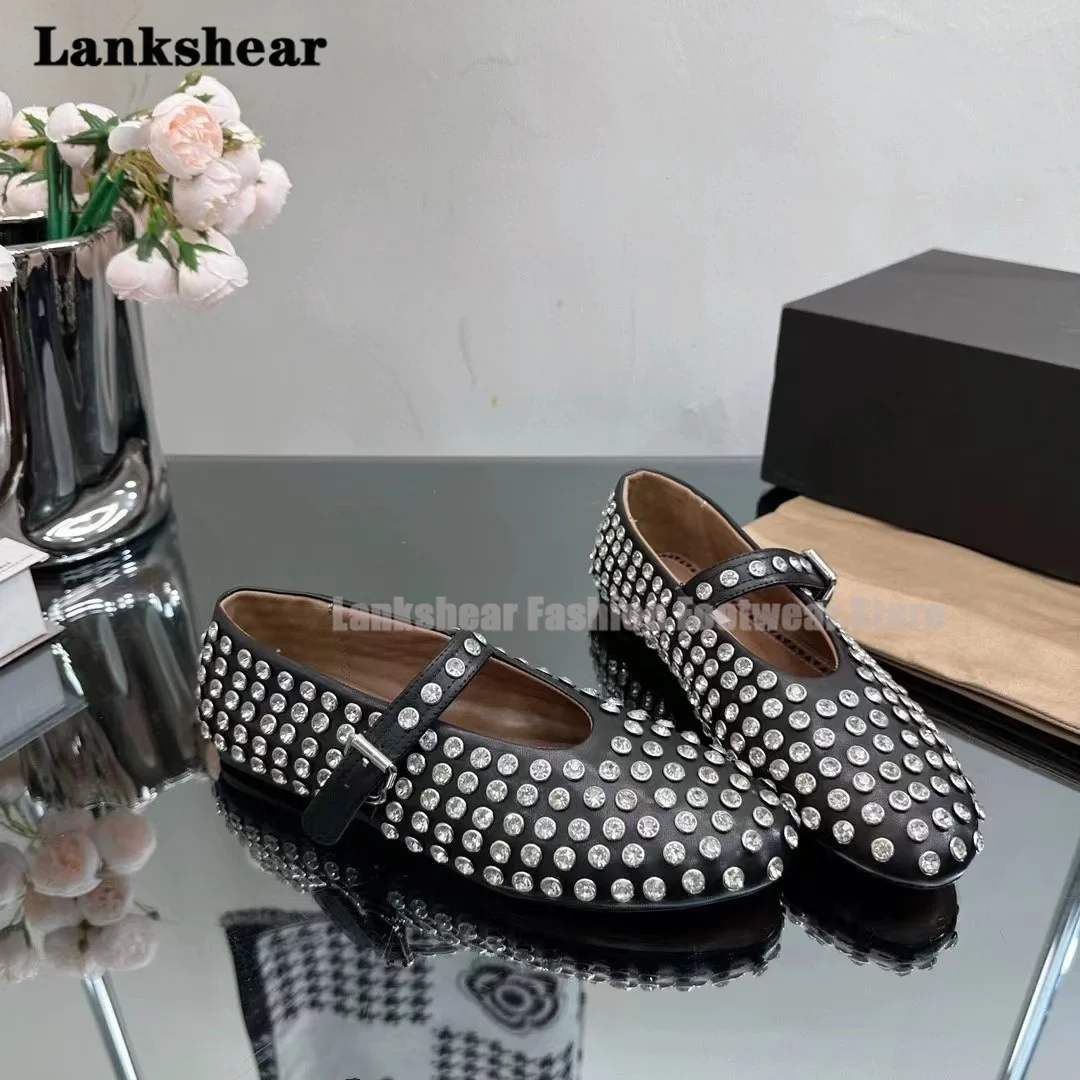 

Round Toe Ballet Single Shoes Women's New Runway Shoes High Stud Full Diamond Line Niche Design Shoes Luxury Pumps New In