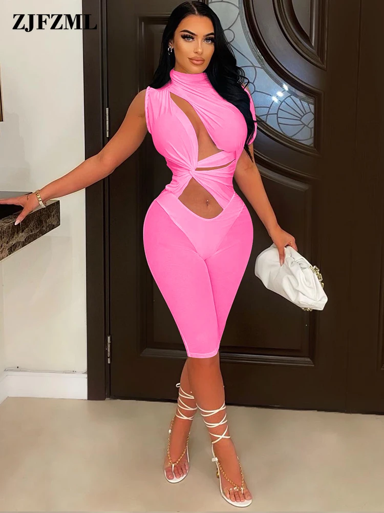 

Hipster Sheer Mesh Perspective Skinny Playsuit Summer Clothes for Women Simple Cleavage Hollow Front Sleeveless Slim Bodysuits