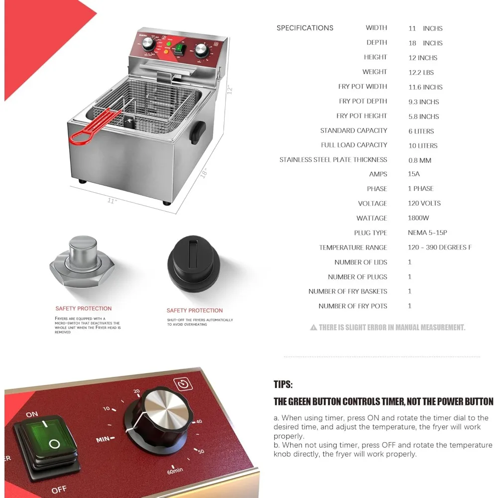 Electric Deep fryer Single Tank Deep Fryer with Basket Capacity 10L(10.5QT) Electric Countertop Fryers