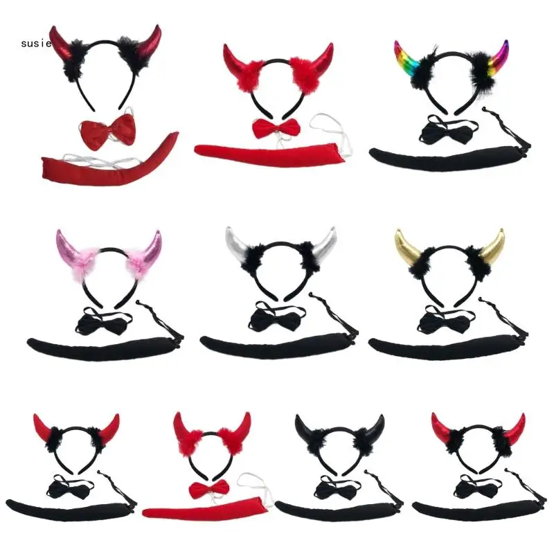 

X7YA Women Devil Horn Headband Devil Tail Devil Cosplays Costume Sets Bow Necklace Halloween Party Funny Dress Sexy Costume