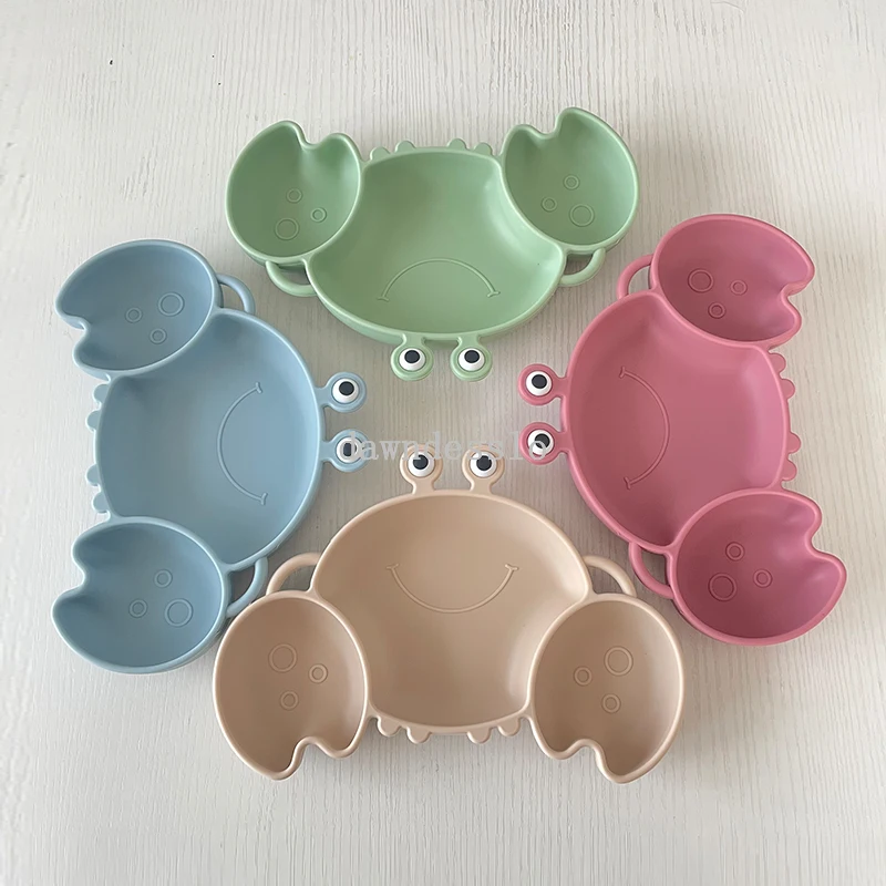 Baby safe silicone dining plate solid cute crab children dishes suction toddler training tableware kids feeding bowls silicone dining plate silicone feeding bowl baby food bowl