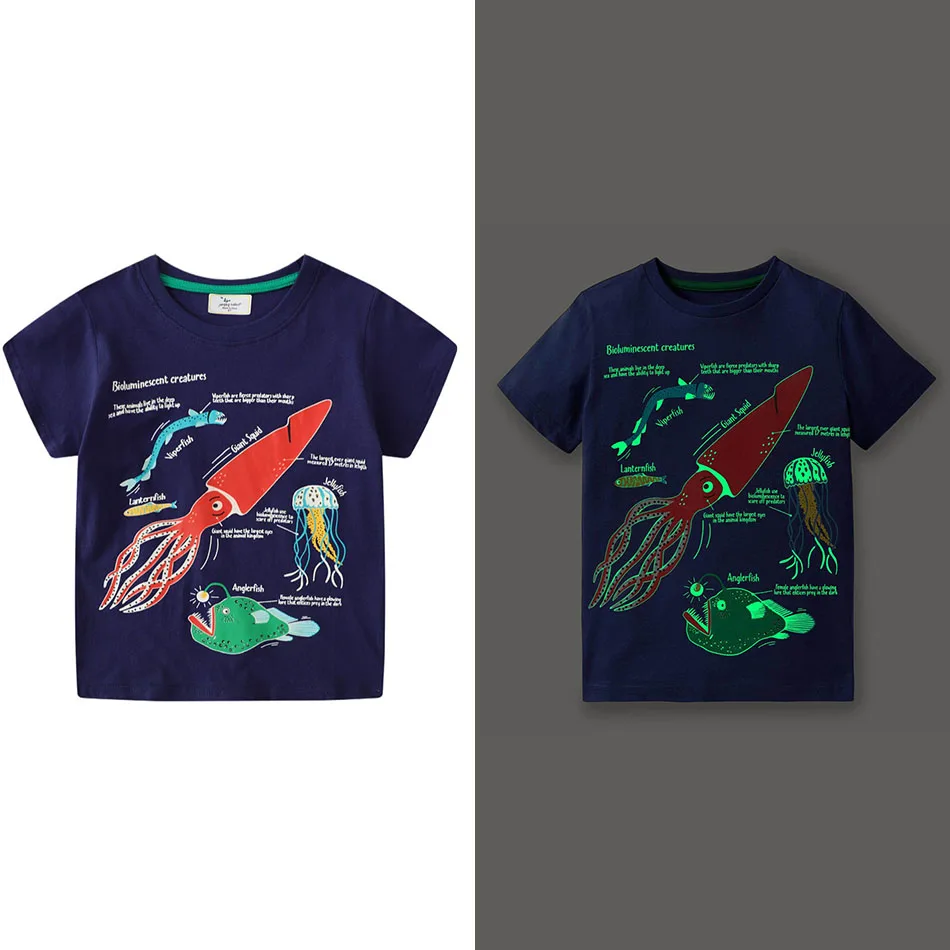 

2-7 Years Boys Tops Baby Comfort T-Shirt Children Dinosaur Pull On Tees Kids Soft Cotton Clothes Sea Animals Luminous Tshirt