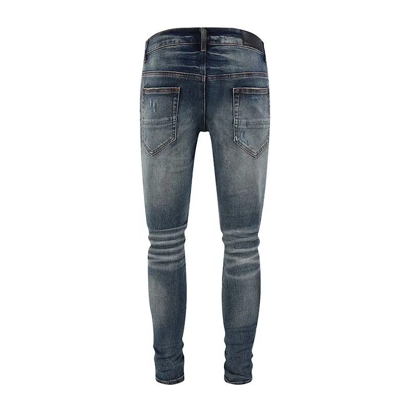High Street Fashion Men's Split Je Elastic Tight Split Jeans Men's Leather Panel Designer Hip Hop Brand Pants Ho