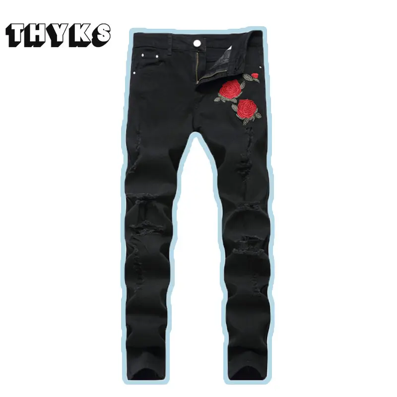 

Rose Rippeed Jeans Men Streetwear Punk Y2k Pants Stretch Slim Fit Wear-resistant Traf Homme Black Skinny Jeans Pantalones Hombre
