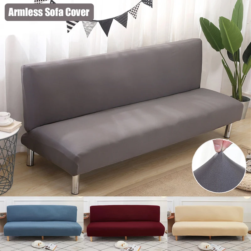 

Solid Color Armless Sofa Bed Cover Elastic Cheap Couch Covers for Living Room Washable Removable Slipcovers Folding Settee Case