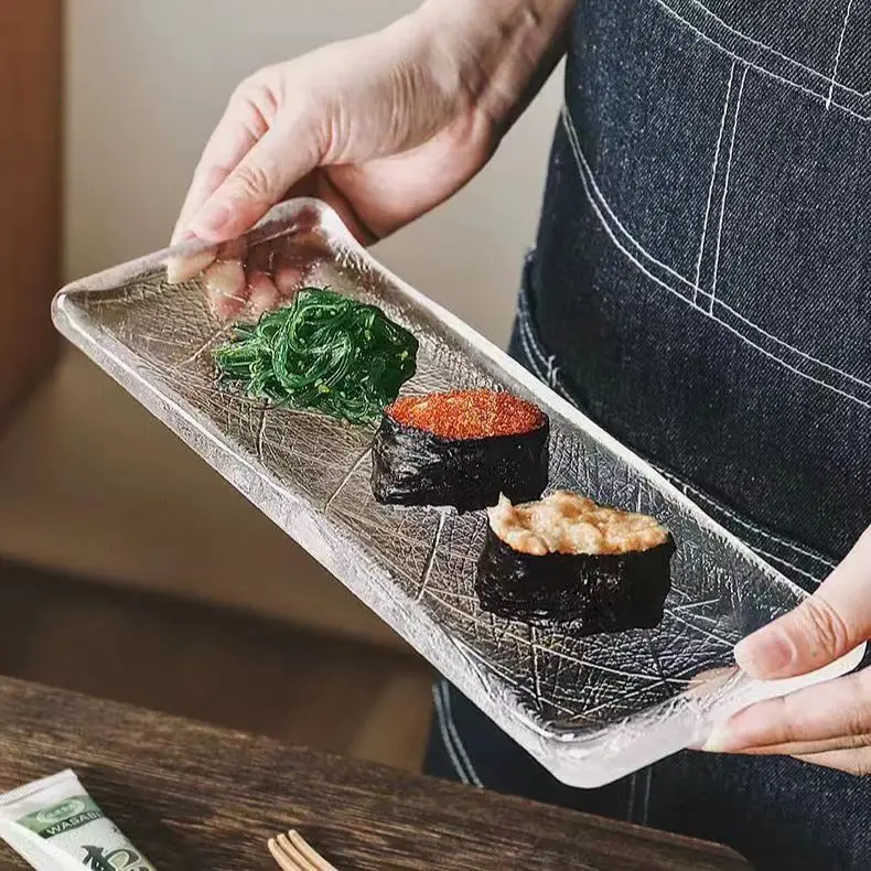 Japanese transparent glass long plate household palm print sushi plate sashimi cooking condiment dish tableware