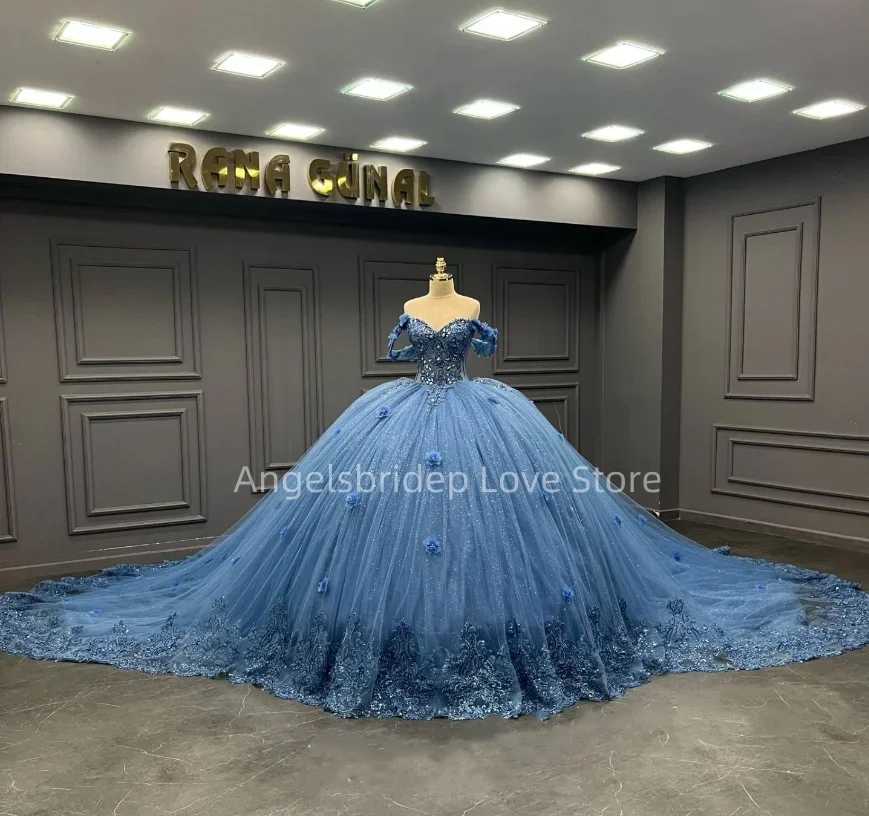 Angelsbridep Mexico Blue Ball Gown Quinnceanera Dresses Luxury Beading 3D Appliques Party Vestido De 15 Quincea&ntilde;era