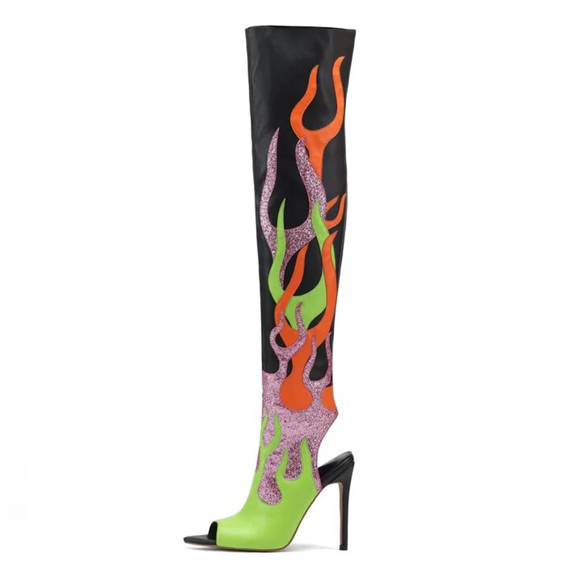 

Women Mixed Glitter Fire Over Knee High Boots Peep Toe Stiletto Thin Heels Flame Shoes Side Zipper Summer Long Booties